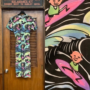 Vintage 1980&#39;s Cartoon Surfer Multicolor Romper Playsuit, Vintage Clothing, Vintage Romper, Vintage Playsuit, 1980s Surfer, Vintage 1980&#39;s