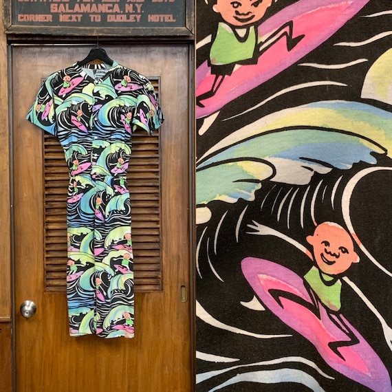 Vintage 1980's Cartoon Surfer Multicolor Romper Pl