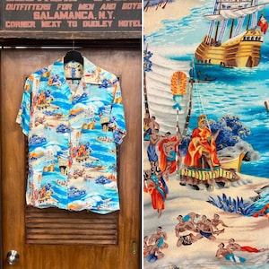 Vintage 1950’s “Iolani” Tropical Cartoon Eugene Savage Style Crepe Hawaiian Shirt, Loop Collar, Matching Pocket, 50’s Vintage Clothing