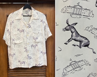 Vintage 1950’s Democratic Donkey White House Silky Rayon Short Sleeve Hawaiian Rockabilly Shirt, 1950’s Shirt