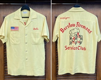 Vintage 1950er Jahre Feuerwehrmann Stickerei Rayon Mischung Loop Kragen Bowling Rockabilly Shirt, 1950er Jahre Shirt