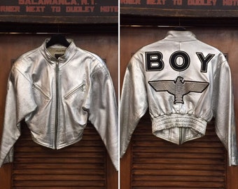 Vintage 1980’s “Boy London” Silver Cropped Leather Jacket, Shoulder Pads, Metallic Jacket, Vintage Patches, Vintage Clothing