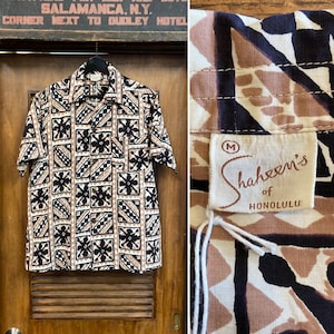 Vintage 1950’s “Shaheen’s” Atomic Tiki Cotton Hawaiian Shirt, Signed Selvedge, Loop Collar, 50’s Vintage Clothing