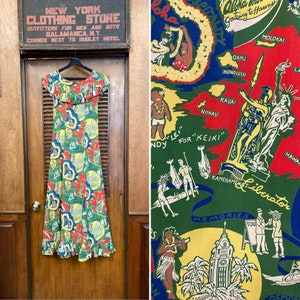 Vintage 1940’s Cartoon Tropical Pattern Hawaiian Hostess Dress, 1940s Rayon Dress, Cartoon Print Dress, Vintage Hawaiian, Tiki Dress