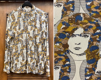Vintage 1970’s Size XL Hippie Disco Glam Rock Lady Face Pop Art Shirt, 70’s Psychedelic Print, Vintage Disco Top, Vintage Clothing