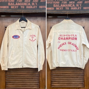 Chaqueta cortavientos de algodón vintage de los años 50, ganadora de la categoría de carreras de resistencia NHRA Hot Rod, original, chaqueta Dragway, chaqueta de los años 60, ropa vintage imagen 1