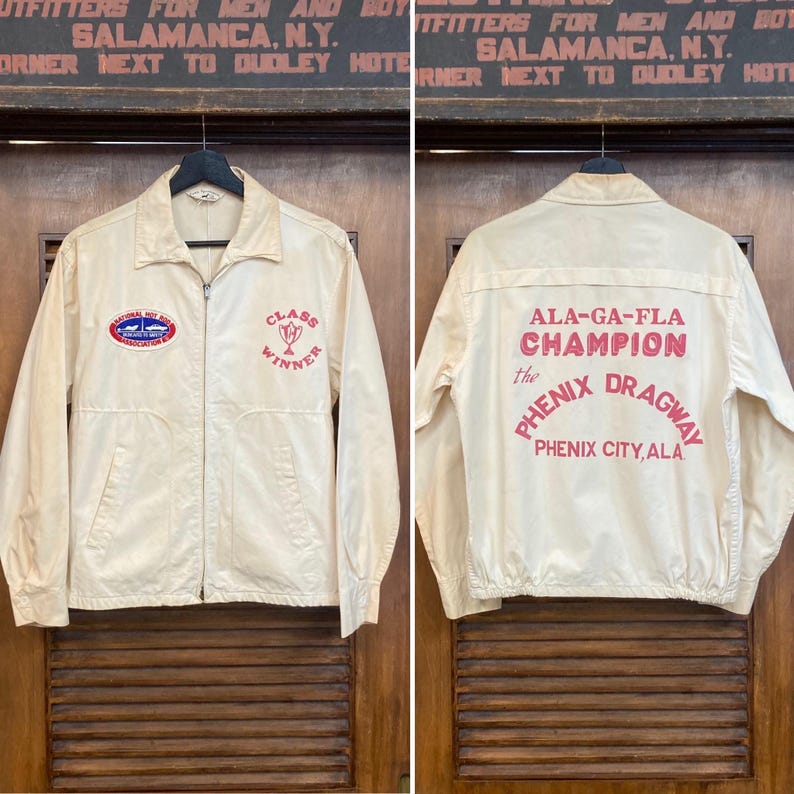 Chaqueta cortavientos de algodón vintage de los años 50, ganadora de la categoría de carreras de resistencia NHRA Hot Rod, original, chaqueta Dragway, chaqueta de los años 60, ropa vintage imagen 1