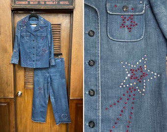 Vintage 1960’s Glam Rock Denim Rhinestone Stars & Moon Two Piece Outfit Set, Jacket, Jeans, 1960s, 2 Piece, Matching Set, Rhinestone Stud