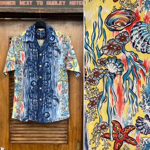Vintage 1950’s Original “Kamehameha” Nylon Underwater Pattern Hawaiian Shirt, Loop Collar, 1950’s Shirt