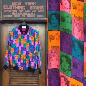 Vintage 1980’s Pop Art Faces Bomber Jacket, 1980’s Vintage, 1990’s Vintage, Silk Bomber, Pop Art, Vintage Jacket
