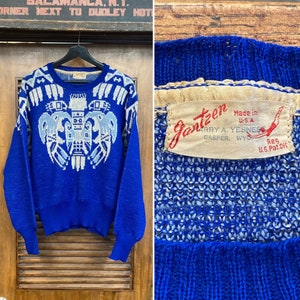 Vintage 1950er Jahre “Jantzen” Tiki Tribal Southwest Wolle Rockabilly Pullover, 50er Jahre Vintage Kleidung
