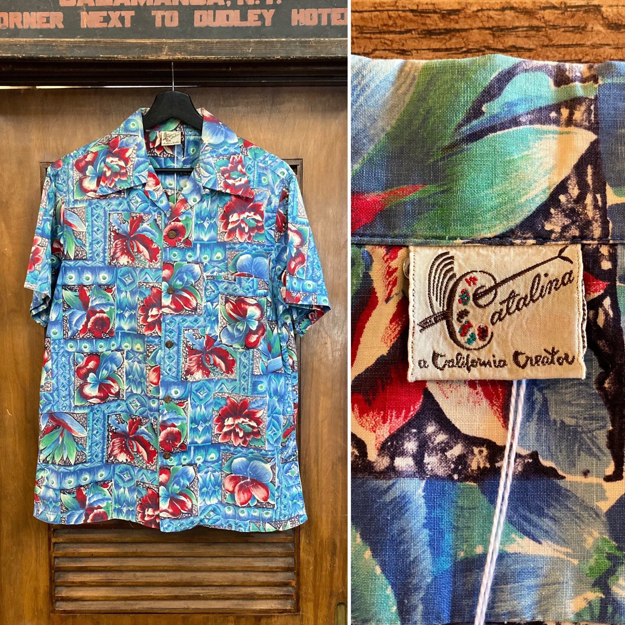 Vintage 1950's Catalina Atomic Floral Cotton Tiki Hawaiian Rockabilly Shirt, 50's Loop Collar, Vintage Clothing