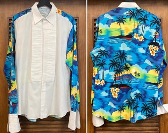 Vintage 1980’s Hawaiian Tropical Tuxedo Panel Shirt with Cuff Link Sleeve Detail, 80’s Dress Shirt, Vintage Clothing