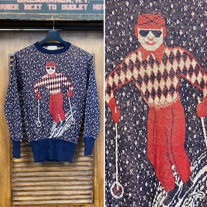 Vintage 1940’s -Deadstock- Cartoon Skier Wool Sportswear Snowflake Ski Sweater, 40’s Pullover, Vintage Clothing