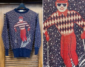 Vintage 1940’s -Deadstock- Cartoon Skier Wool Sportswear Snowflake Ski Sweater, 40’s Pullover, Vintage Clothing