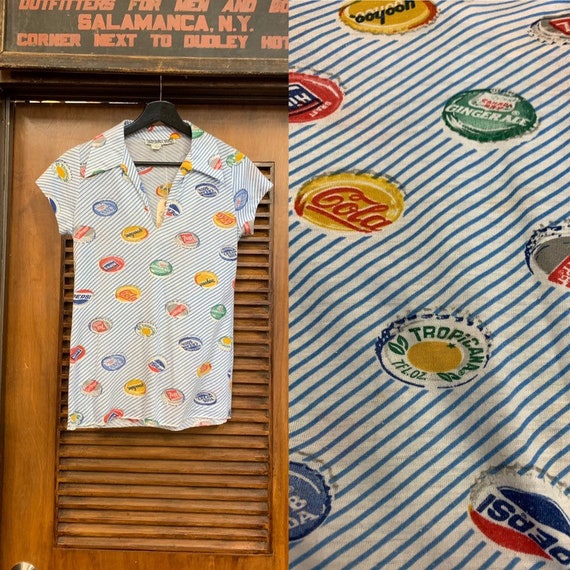 Vintage 1960's Bottle Cap Pop Art Shirt Top, Vinta