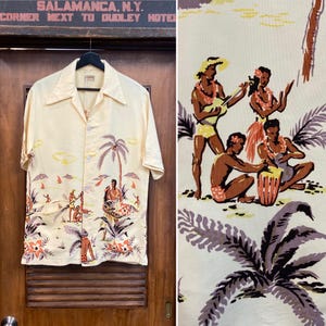 Vintage 1940’s “McGregor” Cartoon Tropical Border Rayon Hawaiian Shirt, Rare Design, 1950’s Shirt
