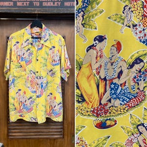 Vintage 1940’s Original Eugene Savage Menu Style Rayon Tiki Hawaiian Shirt, Size L, 1940’s Shirt, Loop Collar.