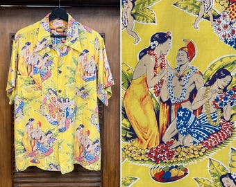 Vintage 1940’s Original Eugene Savage Menu Style Rayon Tiki Hawaiian Shirt, Size L, 1940’s Shirt, Loop Collar.