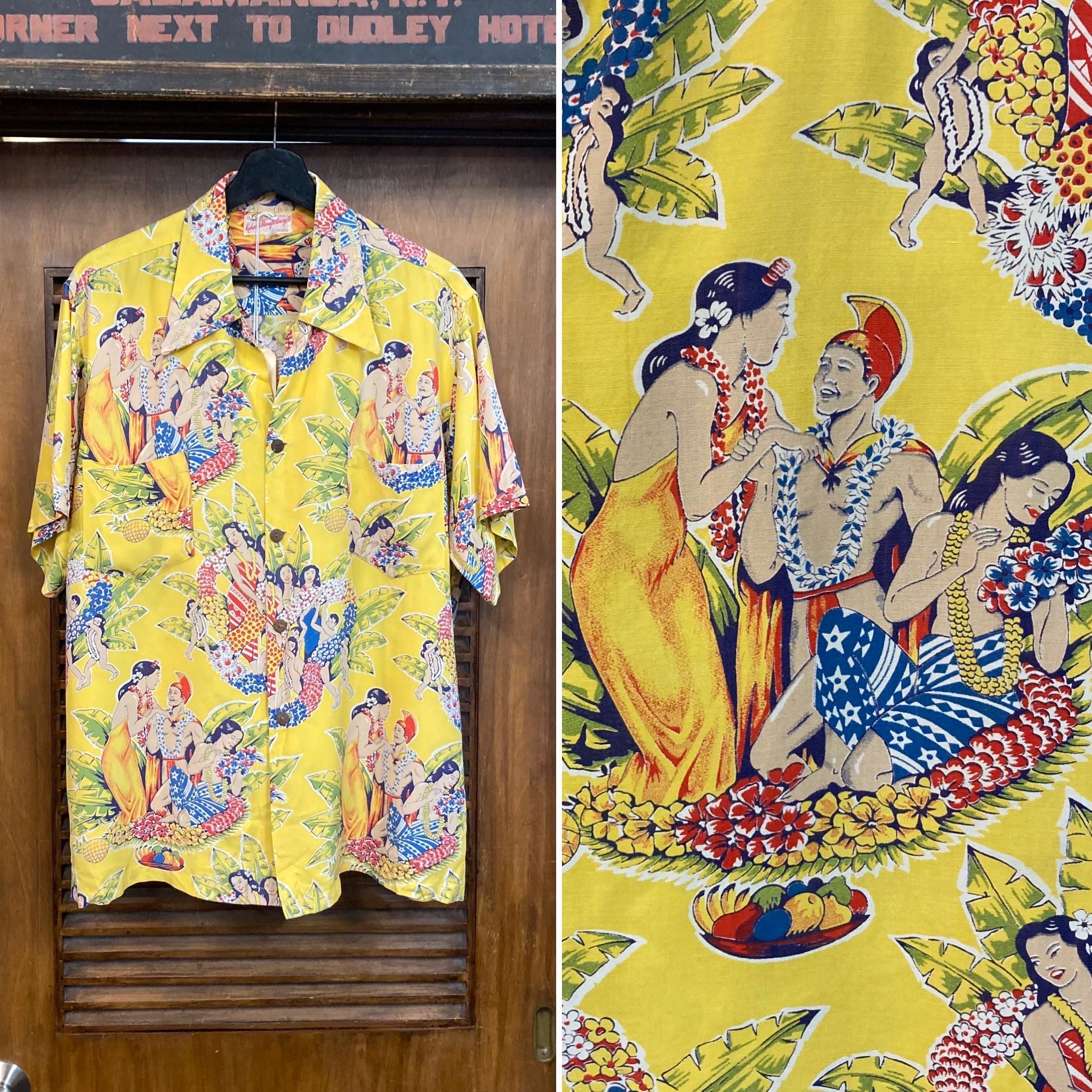トップス special!!40s 50s vintage hawaiian shirt Vintage 1940's Tropical Native Cartoon Tiki Rayon Cabana
