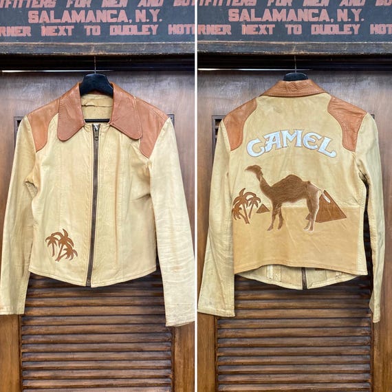 Vintage 1960’s Original “East West Musical Instruments” Camel Hippie Rocker Mod Leather Jacket, 1960’s Jacket, 1970’s Jacket