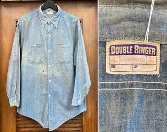 Vintage 1940’s Double Ringer Label Chambray Work Sanforized Shirt, 40’s Workwear, 40’s Work Shirt, Vintage Clothing