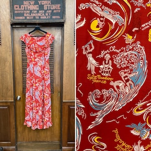Vintage 1940’s Atomic Cartoon Surfers Hula Girl Silk Rayon Tiki Holo Muu Hawaiian Dress, Vintage Holo Muu, Hawaiian Dress, Tiki Print, Rayon