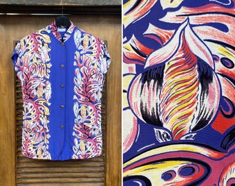Vintage 1940’s Original Floral Silky Rayon Tiki Cabana Hawaiian Teatimer Shirt Blouse Top, 40’s Vintage Clothing