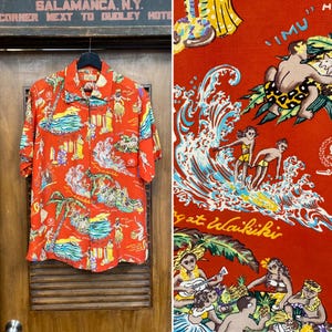 Vintage 1950’s Original “Surfriders” Label Tropical Cartoon Tiki Hawaiian Shirt, Matching Pocket, Loop Collar, 1950’s Shirt