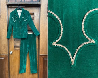 Vintage 1960’s “Tregos” Green Velvet Western Cowgirl Glam Mod Rhinestone Stage Outfit Jacket Pants Set, Pant Suit, Western, Cowgirl, 1960’s