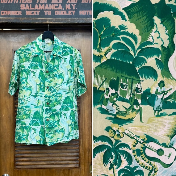 Vintage 1950’s “Shaheen’s” Tropical Island Silk Loop Collar Hawaiian Shirt, 1950’s Shirt, 50’s Vintage Clothing