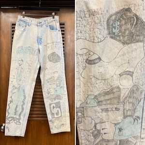 Vintage 1980’s “Weekend” Brand Hip Hop Artwork Cartoon Denim Jeans, 80’s Hand Painted Jeans, 80’s Acid Wash, 80’s Jeans, Vintage Clothing