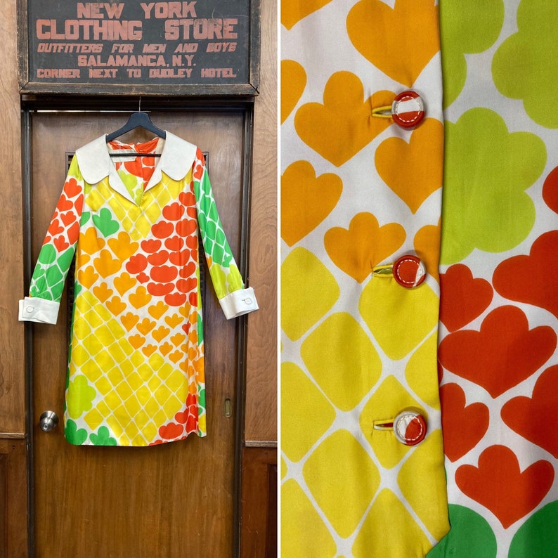 Vintage 1960s Mod Pop Art Silk Rainbow Lucky Charms Shift Dress, 1960s Dress, 1970s, Mod Dress, Pop Art, Silk, Rainbow, image 1
