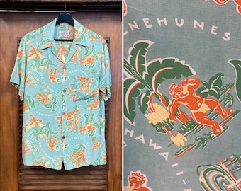 Vintage 1940’s Menehune Mythical Cartoon Tropical Rayon Hawaiian Shirt, 40’s Vintage Clothing
