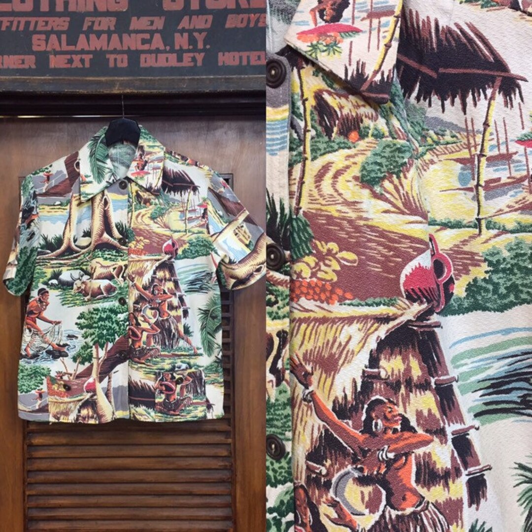 Vintage 1950's Tropical Barkcloth Hawaiian Shirt, 50's Style