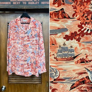 Vintage 1950’s “Malihini” Tropical Surfer x Fish Rayon Long Sleeve Hawaiian Shirt, Size L, Rare Color, 1950’s Shirt