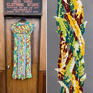 Vintage 1940’s Malihini Vertical Floral Silky Rayon Tiki Holo Muu Hawaiian Dress, Vintage Holo Muu, Hawaiian Dress, Tiki Print, Rayon Dress