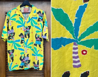 Vintage 1980’s Cotton Gorilla Ape Print Cartoon Pop Art Hawaiian New Wave Tiki Shirt, 80’s Loop Collar, Vintage Clothing