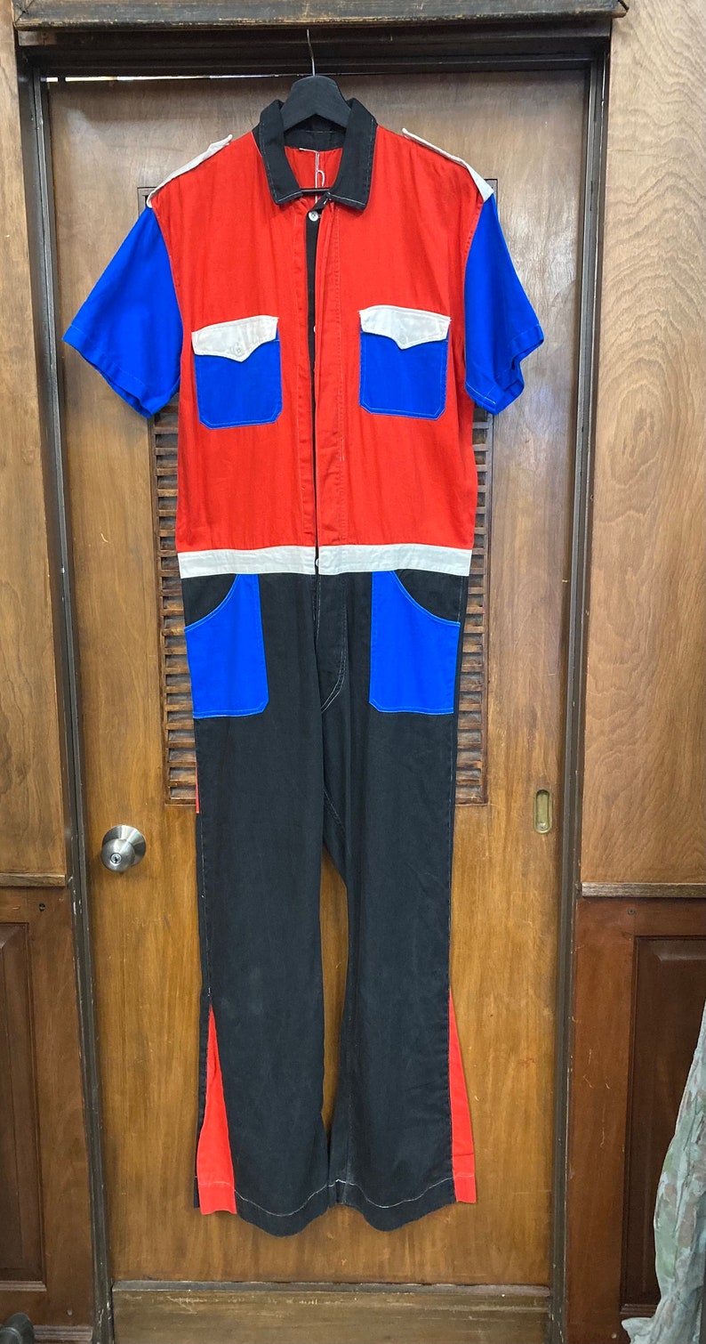 Vintage 1960s Amazing Mod Colorblock Glam Drag Racing Cotton Twill Outfit Coverall Jumpsuit, Vintage Colorblock, Coveralls, Jumpsuit, 1960s image 2