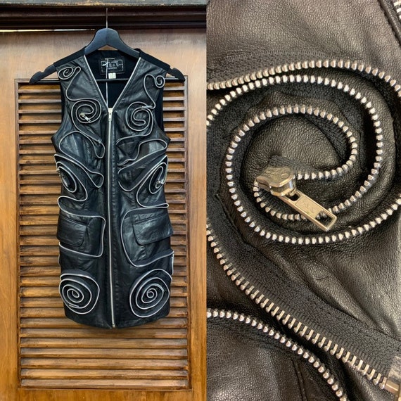 Vintage 1980's Black Leather Zipper Micromini Dres