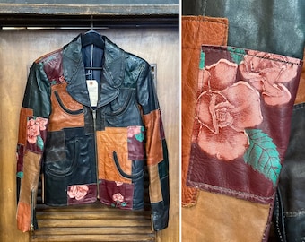 Vintage 1960’s “Gandalf” Brand Hippie Rocker Leather Patchwork Jacket, 60’s Floral Pattern, Vintage Clothing