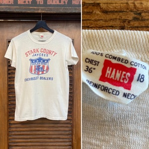 May include: White t-shirt with a vintage print of the Stark County Jaycees Soap Box Derby. The shirt is a size 18 with a 36 inch chest and is made of 100% combed cotton with a reinforced neck. The shirt is made by Hanes.