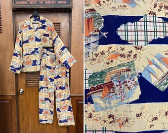 Vintage 1940’s Asian Japanese Crepe Hawaiian PJ Lounge Set, Two Piece Set, 1940’s Loungewear, Crepe, Ship Print, Novelty Print, Pajamas