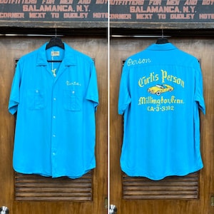 Vintage 1950’s “Hilton” Car Club Auto Dealership Rayon Gabardine Rockabilly Bowling Shirt, Chainstitch, Size L, Original