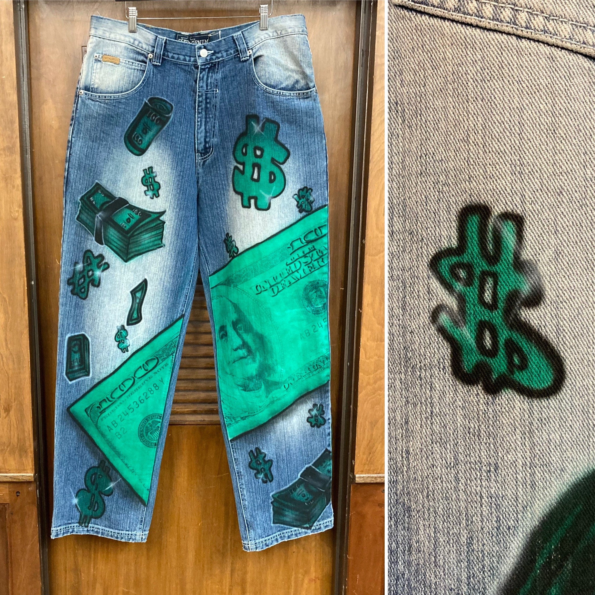 Vintage 2000s Hip Hop Money Airbrush Artwork Wide Leg Denim Jeans 