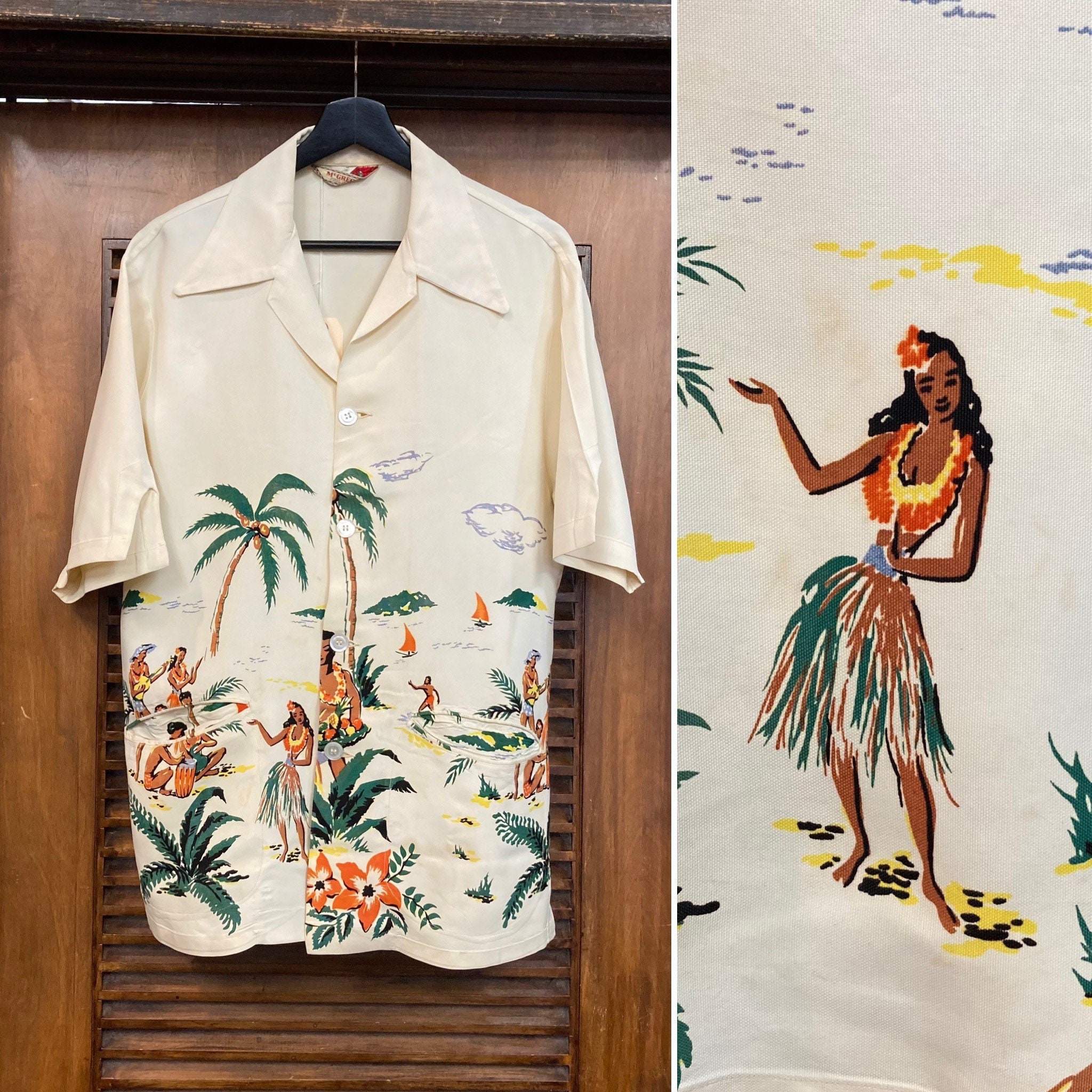 Vintage 1940's “mcgregor” Rayon Hula Natives Border Hawaiian