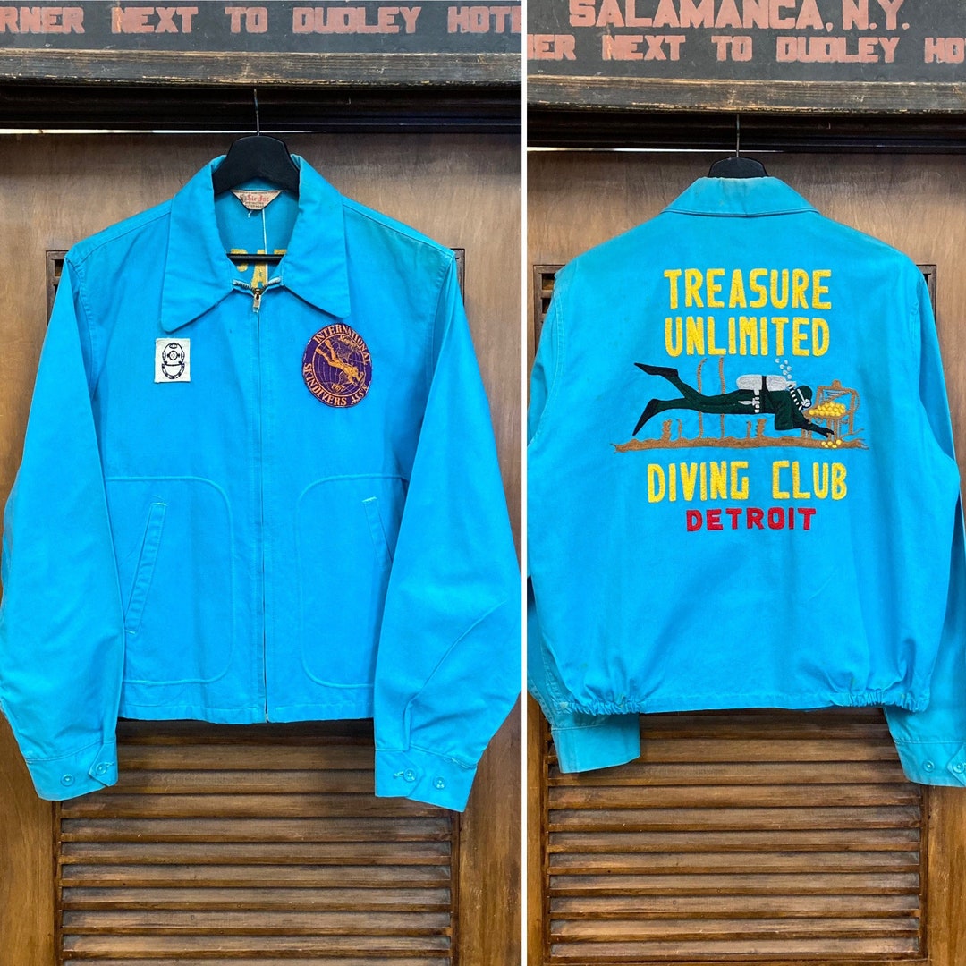 Clothing Car Etsy Cotton - Embroidered Club Jacket, Rockabilly Team Vintage sir Turquoise Jac Diving Vintage 1950s