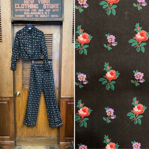 Vintage 1960’s Black Background Floral Cotton Two Piece Mod Glam Outfit, Jacket & Pants, 1960’s, 2 Piece, Matching Set, Pant Suit, Floral