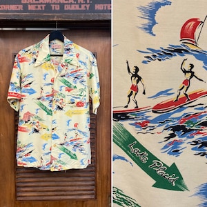 Vintage 1940’s “Jantzen” Surfer Cartoon Vacation Theme Rayon Hawaiian Shirt, 40’s Vintage Clothing
