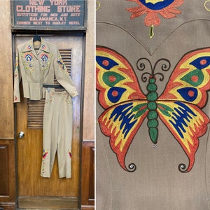 Vintage 1940’s Original Vaquero Fashions Cowboy Western Rayon Rockabilly Butterfly Outfit Set, Chainstitch, Embroidery, Pant Suit, Western,